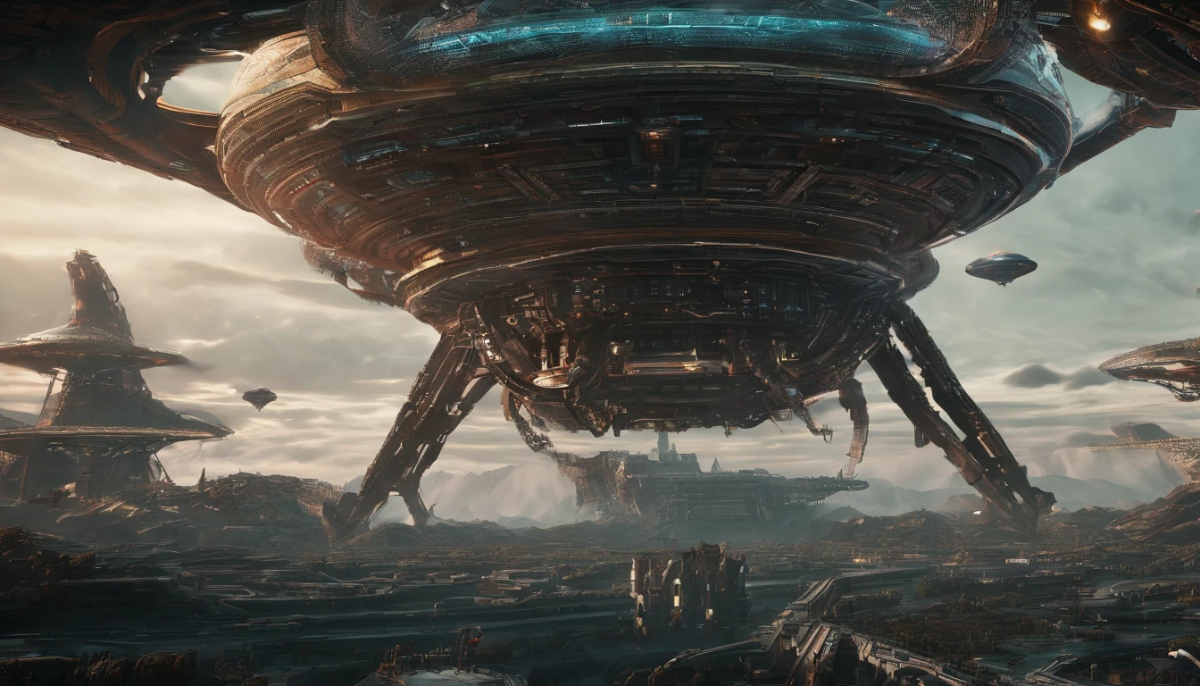 A starship biomechanical, complex and detailed, lighting effects,dark ambience,intricate work, green gold ratio, misty blur.Space Ships, close-up, hyper detailed, trending on playground, sharp focus, studio photo, intricate details,highly detailed,vibrant glass, protovision,The metallic red & forest brown wired constructed starships are flying near Saturn-Earth-esque planet,Liz Danforth's style.