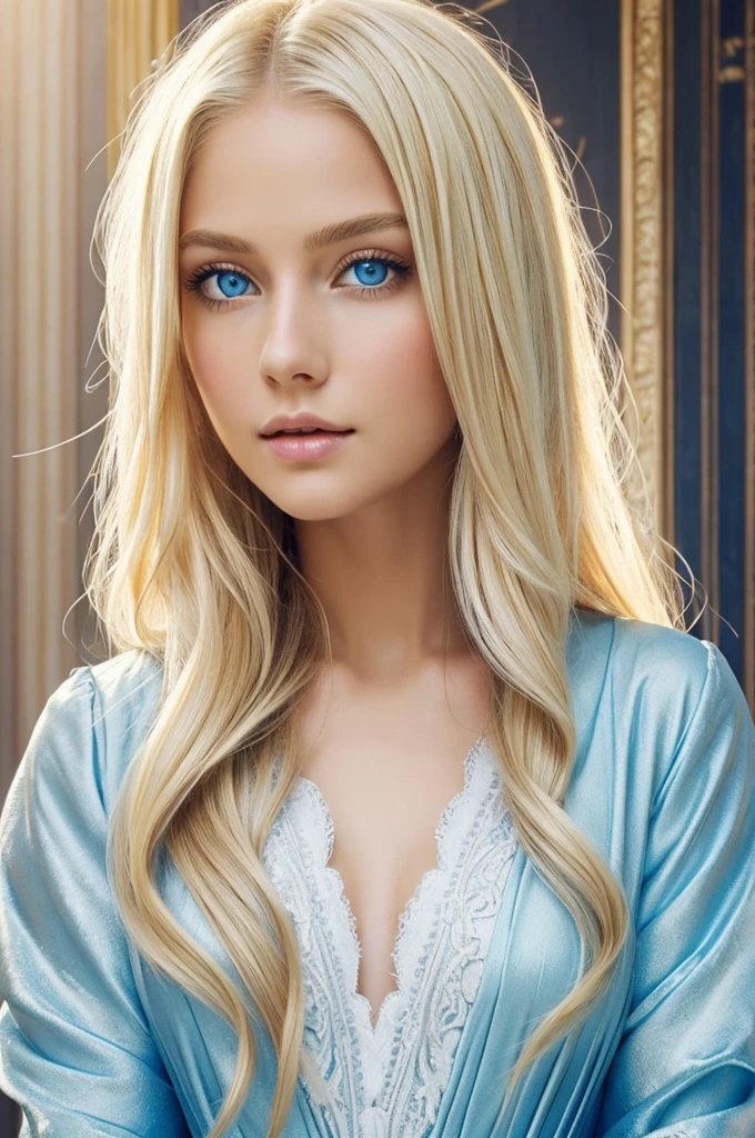 ((best quality)), ((masterpiece)), (detailed), female, soft, light complexion, regal, striking blue eyes, bleach blonde hair, long hair, celestial deity, beautiful flowy outfit, grown, not young