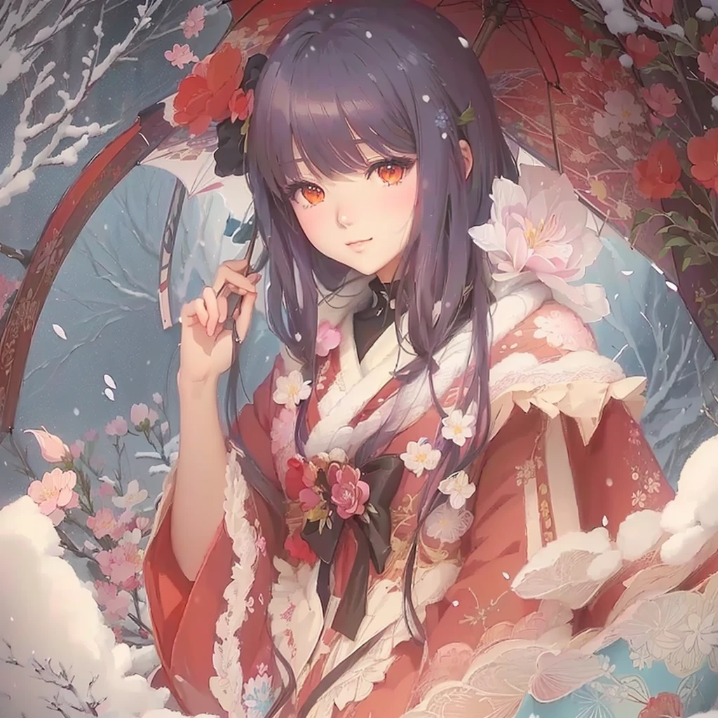 Anime girl with umbrella and flowers in the snow, Anime Style 4k, Beautiful anime artwork, anime art wallpaper 4k, anime art wallpaper 4k, Anime Art Wallpapers 8K, Zerochan Art, Anime fantasy illustration, Beautiful anime art, Anime-style illustrations, Anime illustration, Beautiful artwork illustration, Detailed digital anime art, Anime style digital art, anime wallpaper 4k