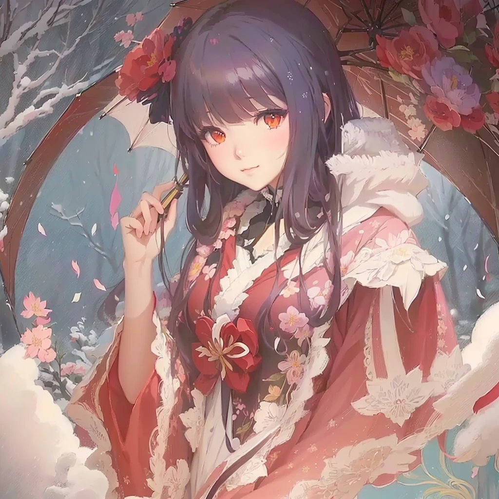 Anime girl with umbrella and flowers in the snow, Anime Style 4k, Beautiful anime artwork, anime art wallpaper 4k, anime art wallpaper 4k, Anime Art Wallpapers 8K, Zerochan Art, Anime fantasy illustration, Beautiful anime art, Anime-style illustrations, Anime illustration, Beautiful artwork illustration, Detailed digital anime art, Anime style digital art, anime wallpaper 4k
