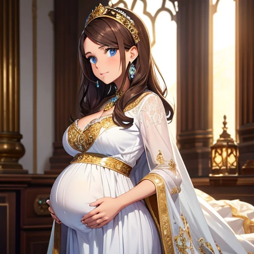 Beautiful pregnant queen, brown hair, blue eyes, ornate white dress with gold details,