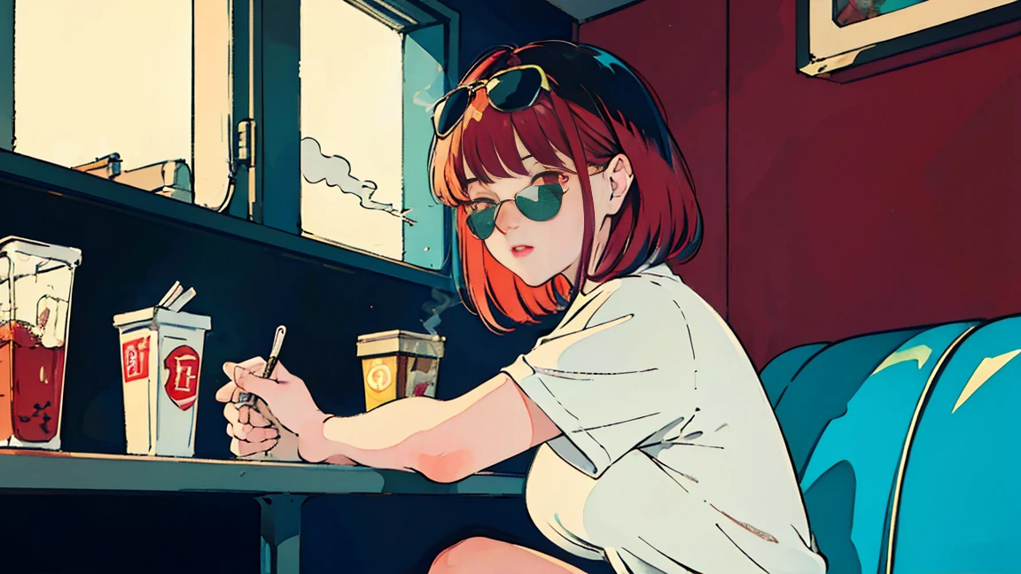 Beautiful redhead Asian girl sitting in a diner early in the morning, Visible from the window, Perfect Face, sunglasses, Smoking white Taylormade cigarettes, Neon Black, (Backlit: 1.1), Hard Shadows, masterpiece, Highest quality, Complex, Model shooting style, Vintage, Film Grain, Incomplete details、During meals