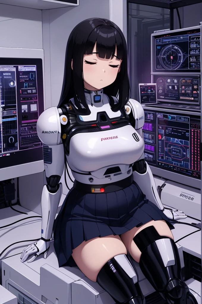 masterpiece, best quality, extremely detailed, Japaese android girl,Plump , control panels,android,Droid,Mechanical Hand, Robot arms and legs,Blunt bangs,perfect robot girl,long tube,thick cable connected her neck,android,robot,humanoid,cyborg,japanese cyborg girl ,future laboratory,robot laboratory,maintenance,connecting a cable between the legs,skirt,fat,chubby,She is charging now,(sleep mode:1.5)(closing eyes:1.5)
