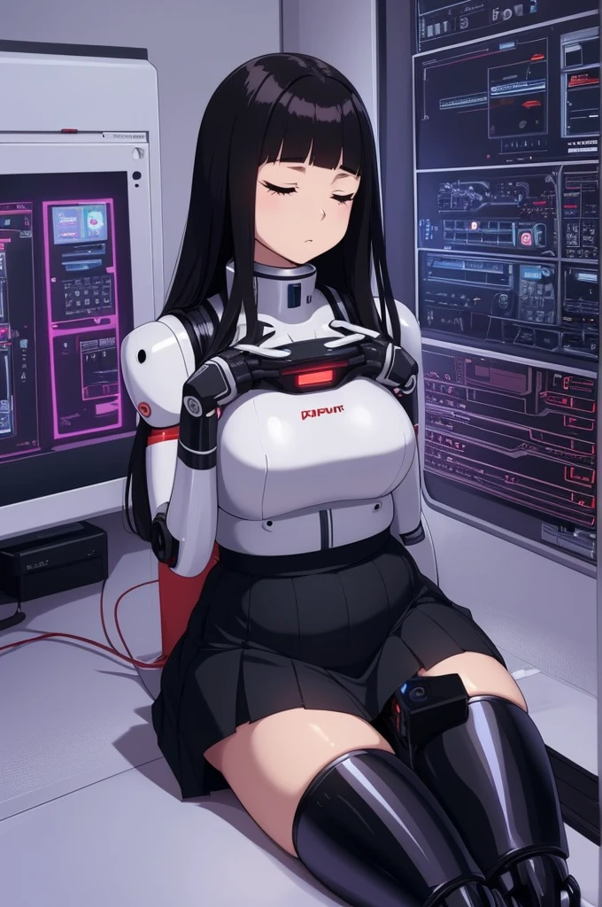 masterpiece, best quality, extremely detailed, Japaese android girl,Plump , control panels,android,Droid,Mechanical Hand, Robot arms and legs,Blunt bangs,perfect robot girl,long tube,thick cable connected her neck,android,robot,humanoid,cyborg,japanese cyborg girl ,future laboratory,robot laboratory,maintenance,connecting a cable between the legs,skirt,fat,chubby,She is charging now,（sleep mode:1.5）（closing eyes:1.5）