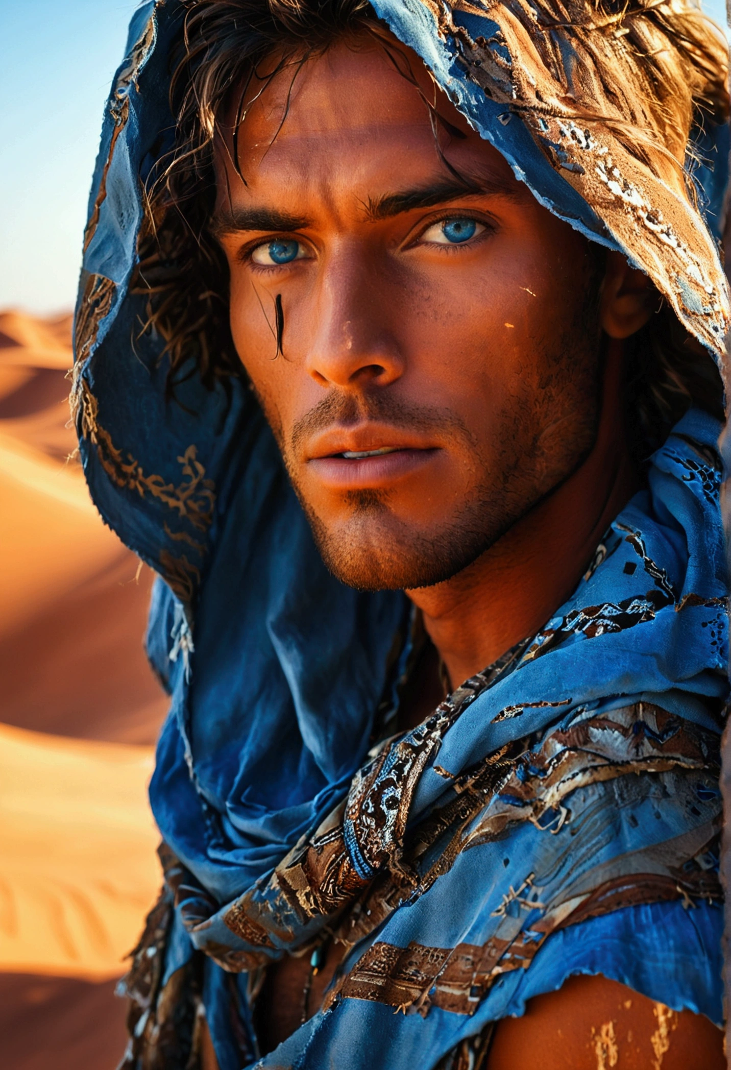 desert, sand, Tall and tanned guy, black har, blue eye