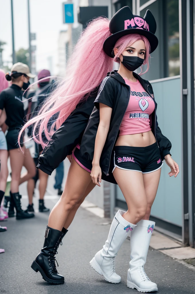 A character with a pink hat facing forward Maria Chiquinha on both ends of her pink hair, a black and blue mask, an FF Magicsquad shirt, black shorts and tall white boots