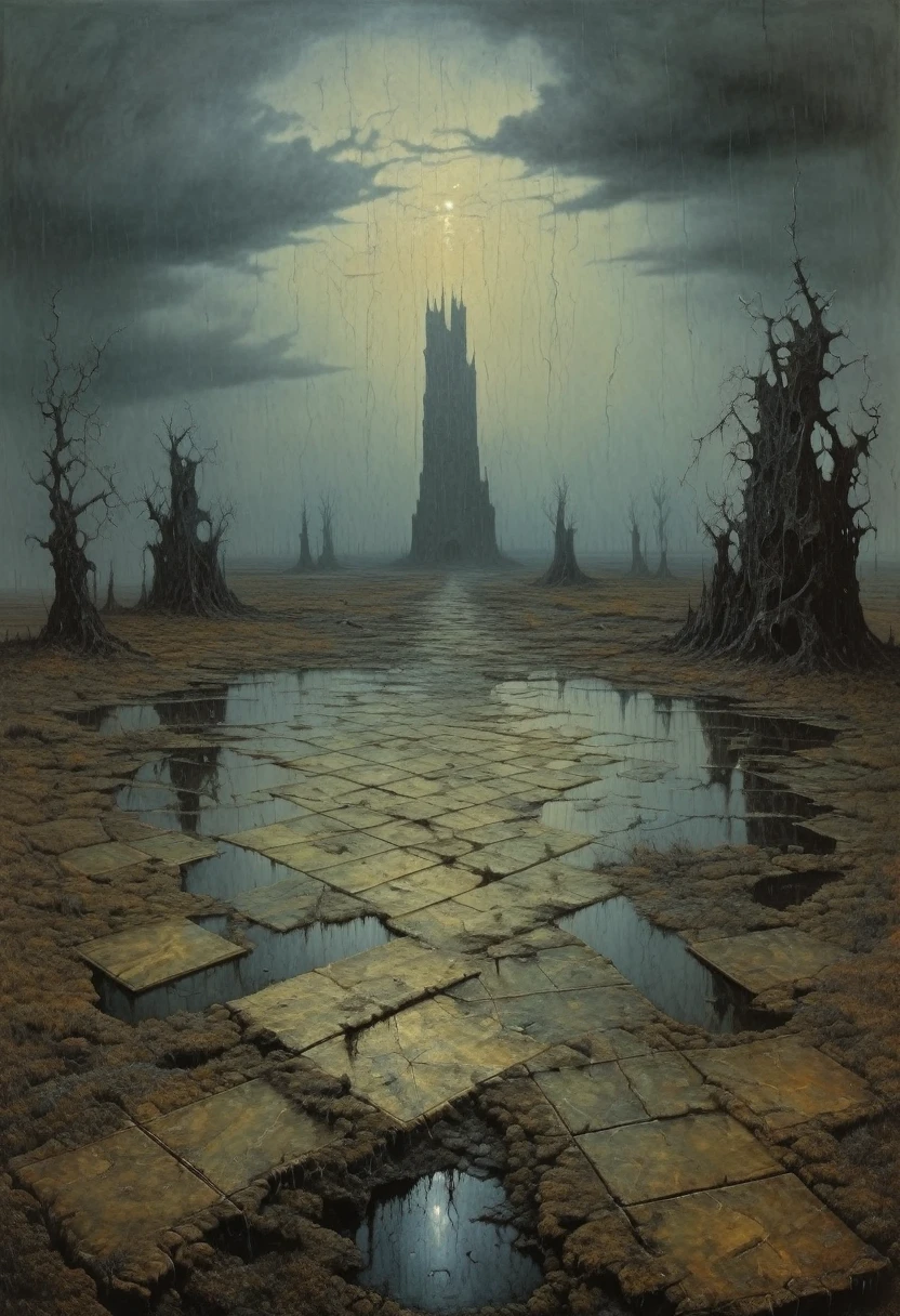 An infinite river of numbers, Roam the barren land, Towards an uncertain future, Surreal and melancholic, author：Zdzislaw Beksiński, rain, ,  Remains,Chessboard,Broken mirror, Ghoulish, (triad:1.1), (ratio:1.1),  (Rub:1.1), (reflected light:1.2), parchment, Octagon, Super detailed, Complex, Oil on canvas, Dry brush, (Surrealism:1.1), (Anxious:1.1), 