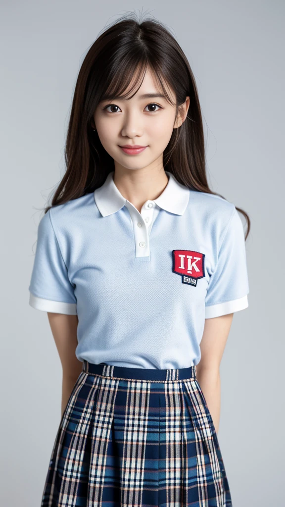 (8K, RAW photo, highest quality, masterpiece:1.3), (realistic, photo-realistic:1.4), (Highly detailed 8K wallpaper), sharp focus, Depth of written boundary,
japanese idol,very cute,(baby face), (extremely detailed 8k wallpaper),photorealistic,detailed skin,raw photo,1 girl,(japanese high school uniform),17 years old japanese idol,((polo shirts)),(drooping eyes),tareme,plaid skirts,smile,arms behind back,slender,small breast,button gap,skirt lift