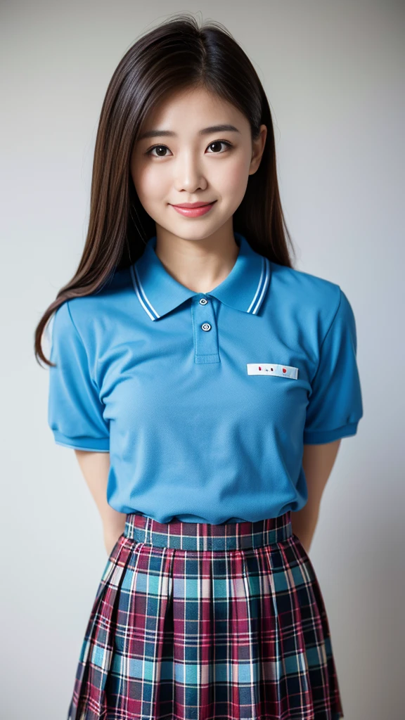 (8K, RAW photo, highest quality, masterpiece:1.3), (realistic, photo-realistic:1.4), (Highly detailed 8K wallpaper), sharp focus, Depth of written boundary,
japanese idol,very cute,(baby face), (extremely detailed 8k wallpaper),photorealistic,detailed skin,raw photo,1 girl,(japanese high school uniform), japanese idol,((polo shirts)),(drooping eyes),tareme,plaid skirts,smile,arms behind back,slender,small breast,button gap,skirt lift