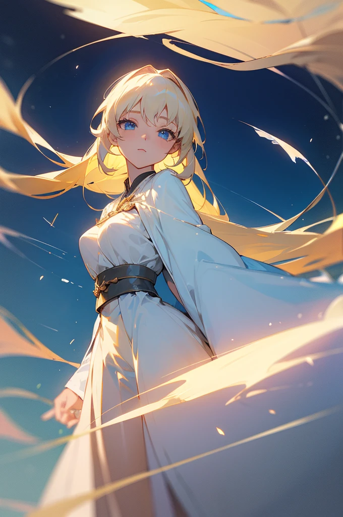 ((best quality)), ((masterpiece)), (detailed), female, soft, light complexion, regal, striking blue eyes, bleach blonde hair, long hair, celestial deity, beautiful flowy outfit, grown, not young