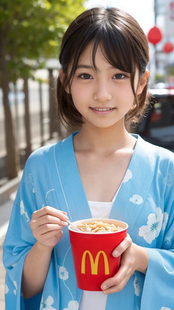 11 year old girl Japanese Light blue yukata Realistic Skin eating McDonald's Big Mac