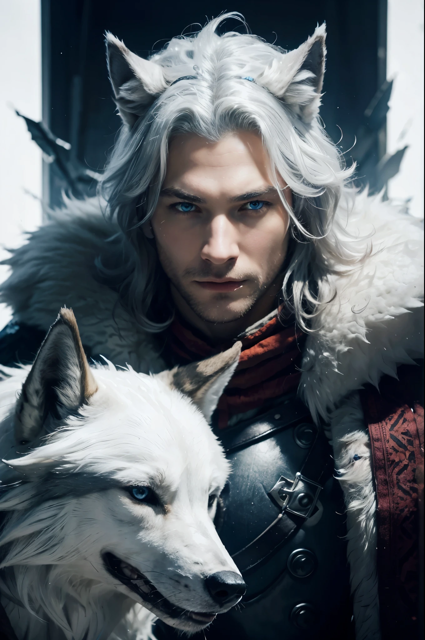 A wolf king, white snowy hair, blue eyes