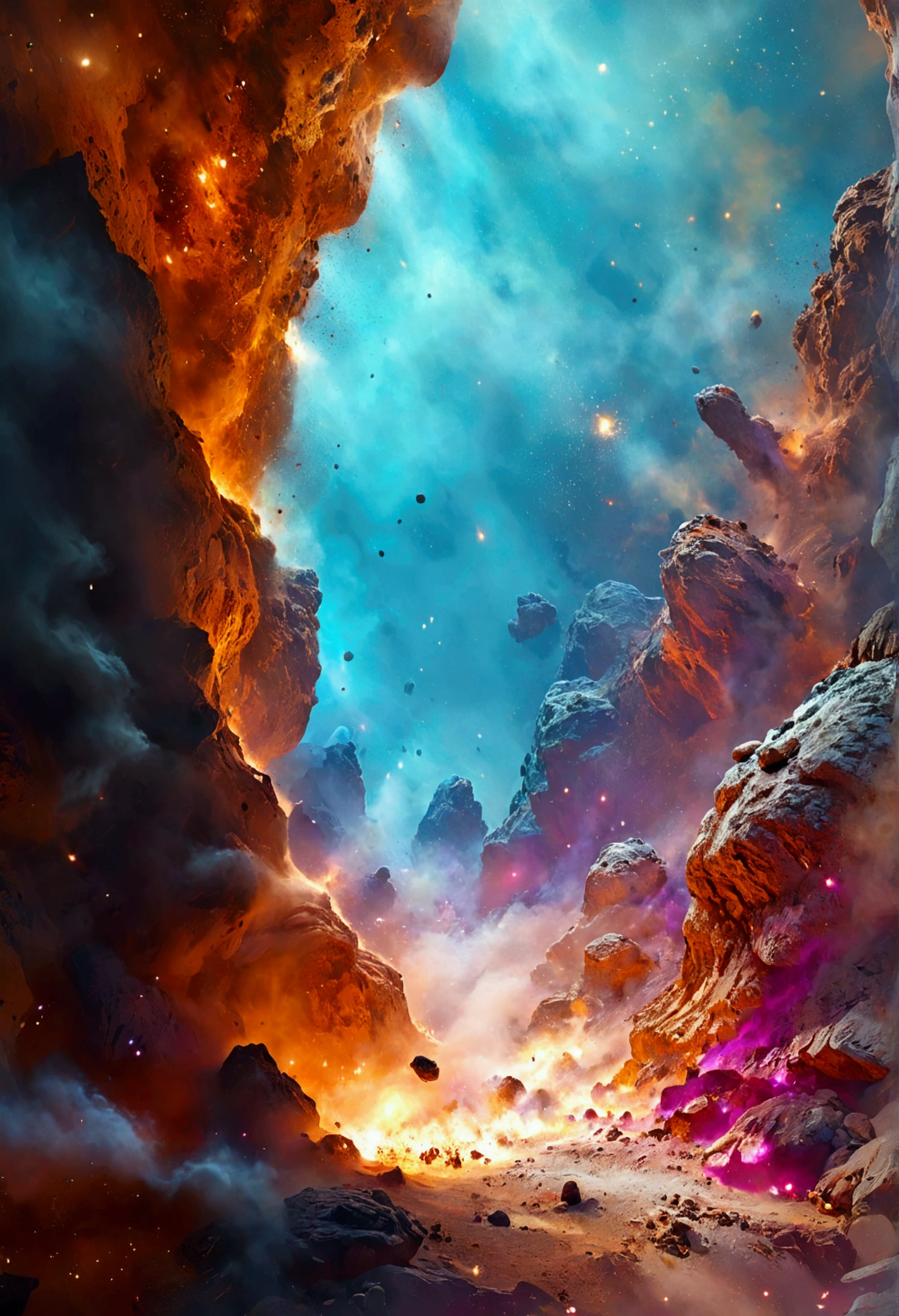 Travel through space, slowly approaching what appears to be a pile of dust and rocks. As we get closer, the dust begins to cluster into complex shapes.