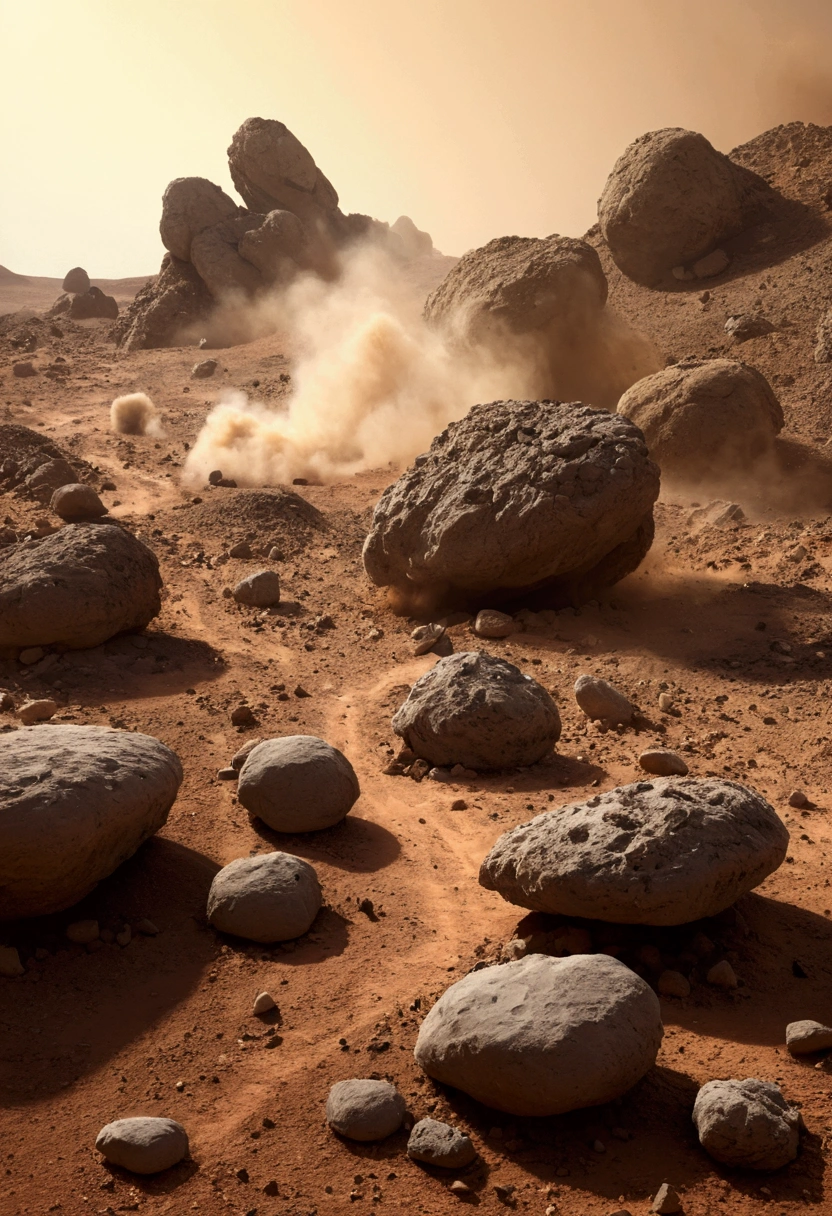 Travel through space, slowly approaching what appears to be a pile of dust and rocks. As we get closer, the dust begins to cluster into complex shapes.