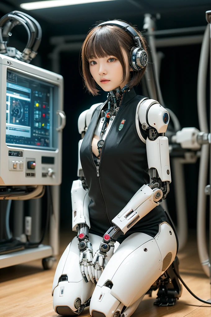 masterpiece, best quality, extremely detailed, Japaese Cyborg Girl,Plump , White boots,control panels,android,Droid,Mechanical Hand, ,clothes with a sense of mechanical technology, Robot arms and legs, Black Robot Parts,Black hair,Mechanical body,dress shirt,long vest,Blunt bangs,White abdomen,White robotics parts,perfect robot woman,future laboratory,cyber pank,charging spot,laboratory,long tube,thick cable connected her neck,kneel on the floor,bowing,ceramic body ,mechanical body,blue eyes,android,robot humanoid