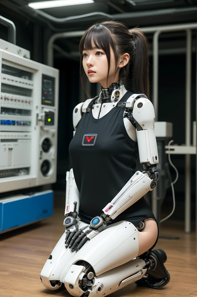 masterpiece, best quality, extremely detailed, Japaese Cyborg Girl,Plump , White boots,control panels,android,Droid,Mechanical Hand, ,clothes with a sense of mechanical technology, Robot arms and legs, Black Robot Parts,Black hair,Mechanical body,dress shirt,long vest,Blunt bangs,White abdomen,White robotics parts,perfect robot woman,future laboratory,cyber pank,charging spot,laboratory,long tube,thick cable connected her neck,kneel on the floor,bowing,ceramic body ,mechanical body,blue eyes,android,robot humanoid