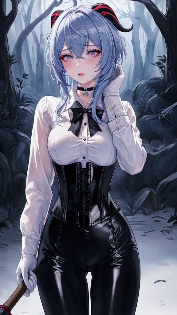 Masterpiece, Beautiful art, professional artist, 8k, sleeping expression, very detailed face, Detailed clothing, detailed fabric, 1 girl, Hiring, (genshin impact), View from the front, standing, perfectly drawn body, pale skin, shy expression, beautiful face, agregar cuernos de Hiring en la cabeza, Long sky blue hair, 4k eyes, very detailed eyes, pink cheeks, choker:1.6, (white long sleeve button down shirt with white collar), black gloves, gloves that cover hands, (holds an ax with his right hand), (black leather corset), (shiny black leggings), Sensual Lips, show details in the eyes, dark forest, at night, Atmosphere, fog
