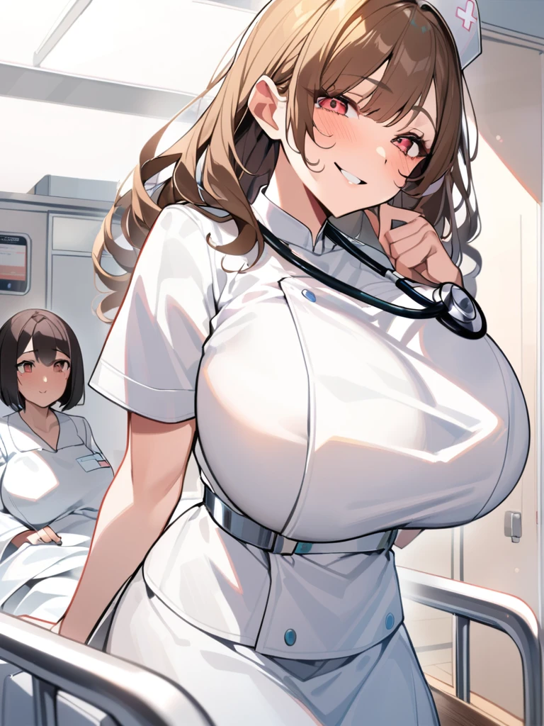 1 adult female、35-year-old woman、Huge breasts:1.5、sagging breast:1.5、Brown Hair、Light red eyes、Wavy Hair、Bobcut、milf、potbelly、Worried brow、smile、mole under eye、White nursing uniform、nurse、hospital、Hospital room、深夜のHospital room、Stethoscope