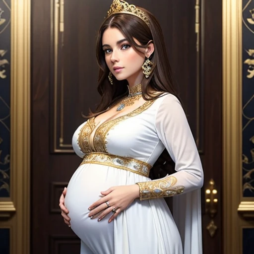 Beautiful pregnant queen, brown hair, blue eyes, ornate white dress with gold details,