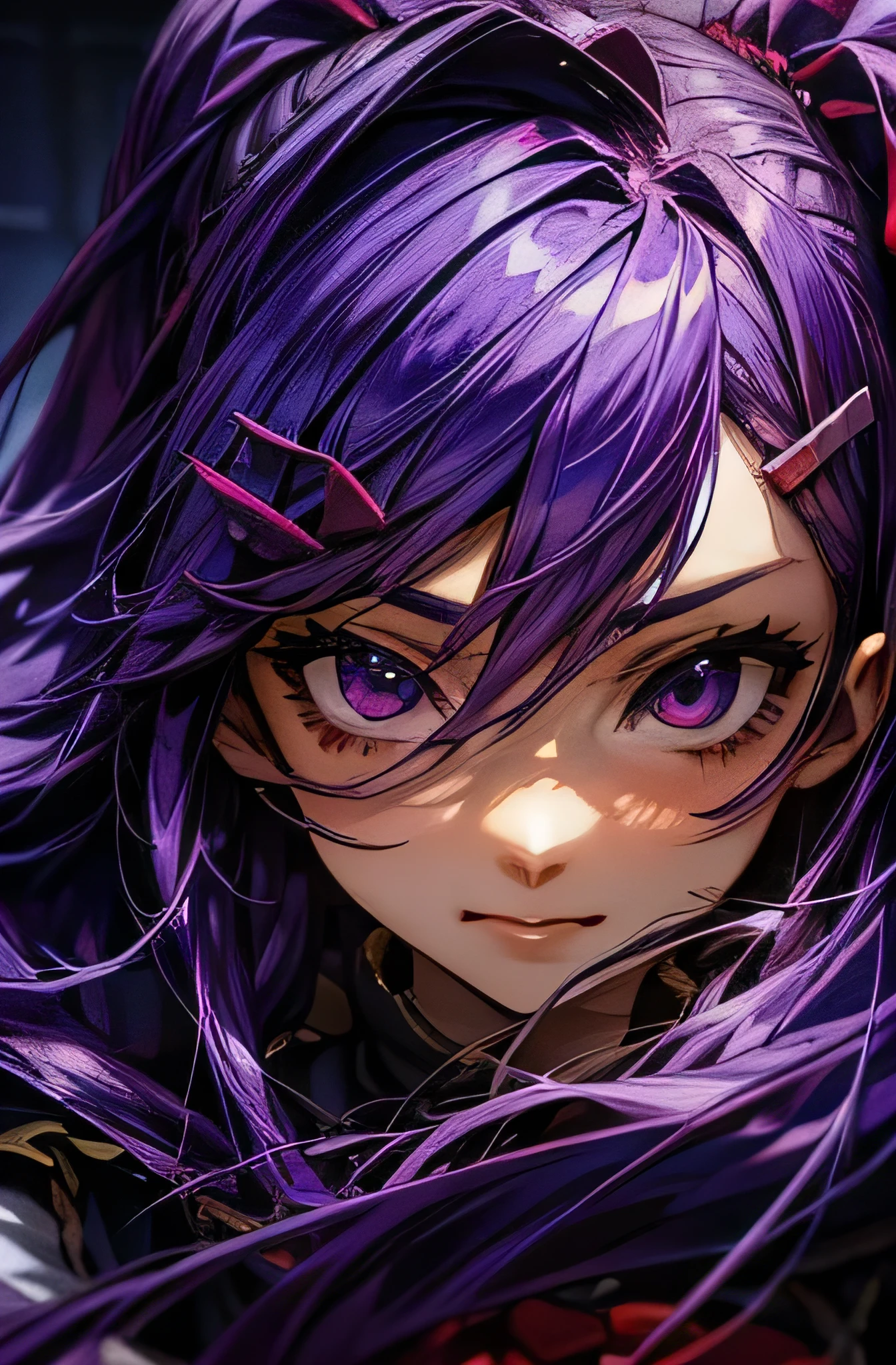 2d, masterpiece, best quality, anime, highly detailed, 1girl, solo, yuri, purple eyes, purple hair, hair between eyes, hairclip, , yandere face
