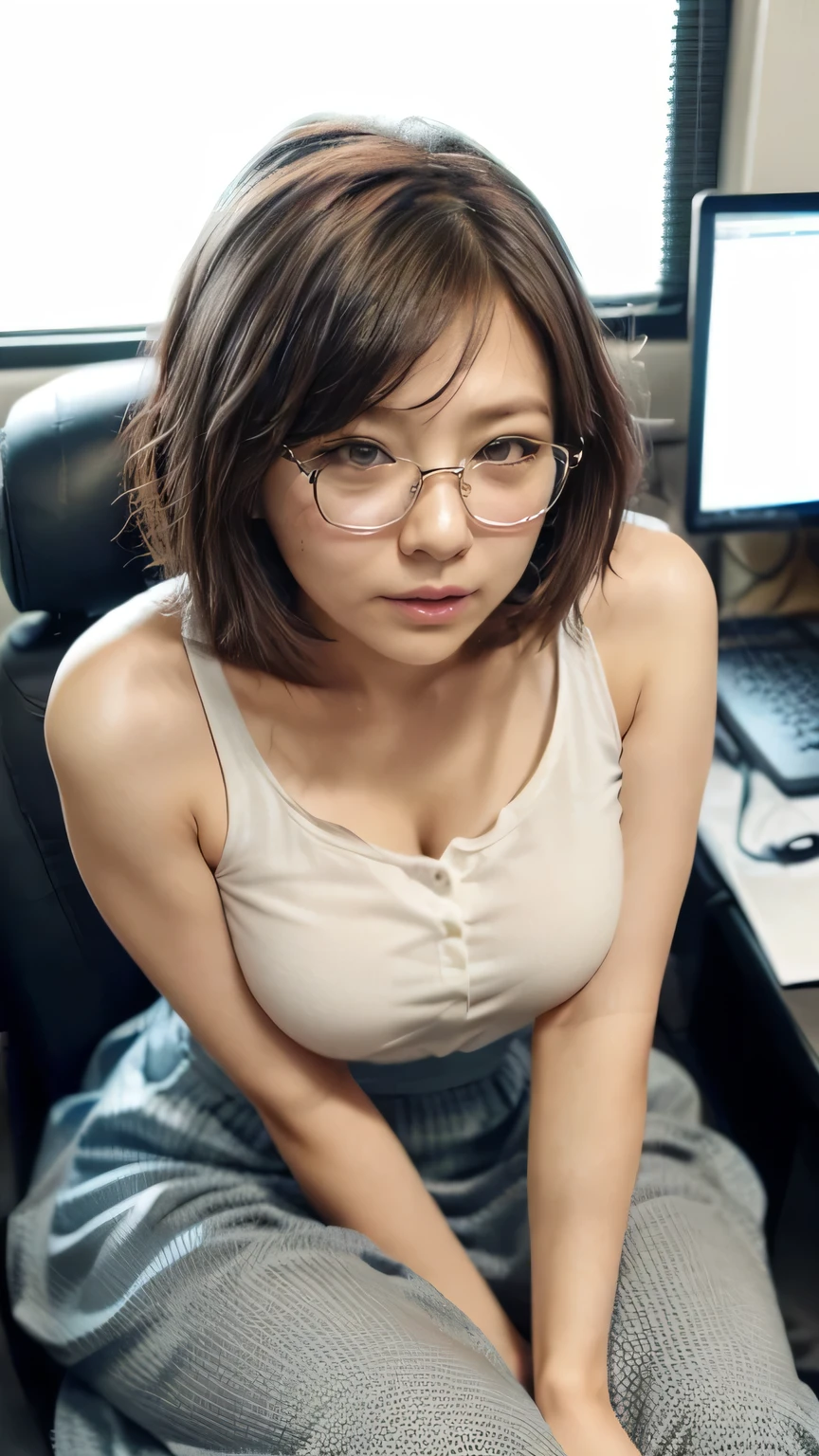 (Japanese girl concentrating on her work、Staring at the monitor、Working on a computer、Japan Office)、(Realistic、Like a photograph、Live Action、8K, Realistic, RAW Photos, Best image quality: 1.4), Single-lens reflex camera、RAW Photos, Highest quality, Realistic, Very detailed CG Unity 8k wallpaper, Written boundary depth, Cinematic Light, Lens flare, Ray Tracing, Realistic background、(Wear glasses、Sleeveless shirt:1.4、(Long skirt:1.5)、Big Breasts)、((ultra high density skin))、 Cute Japanese Woman、((whole body:1.5),short hair:1.2、Short Ponytail、tie your hair with a hair clip、I like that style、stylish、Very detailed、Pay attention to the details、Perfect outfit、(Sunburned skin)、View from above、View from the seat a little far away