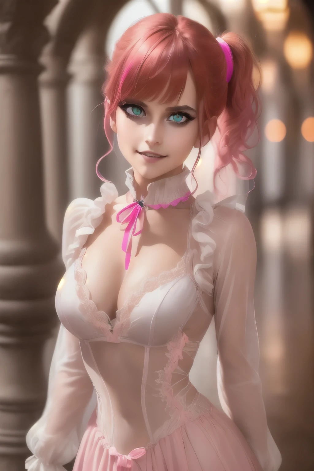 (masterpiece), best quality, expressive eyes, perfect face, {{{{masterpiece}}}},{{{emaiti}}}, {{{Super detailed}}}, {{{high resolution}}}, {{good anatomy}}, (((best quality))),(((neon pink eyes))),{{Extremely detailed and refined}}, {4k CG wallpaper}, {{illustration}}, ((red hair)),((looking out a window,in school)),(((face portrait,detailed face,big big eyeballs,standing,bust,standing))),(((sideponytail:1.2|short hair|ponytail|Detailed hair|blunt bangs|shiny hair))),(((Gothic blonde outfit,dress frills,neck collar))),{{{happy,smile with teeth}}},(lesbian,1 woman:1),(small breasts),masterlighting,((The details are complex、Shallow depth of field、movie lighting、Reflectors、a Canon EOS R5、50mm lens、f / 2.8、shot at 8k resolution)),yandere girl,,Three View, Best anime 4k,short detailed hair,gary gradient background, (masterpiece), best quality, expressive eyes, perfect face, (Super detailed,ultra high resolution,detailed background)),ancient city,dark forest at night,spooky,Chill,Inspiration,1 girl,wearing a minidress、Wearing a white collared long-sleeved