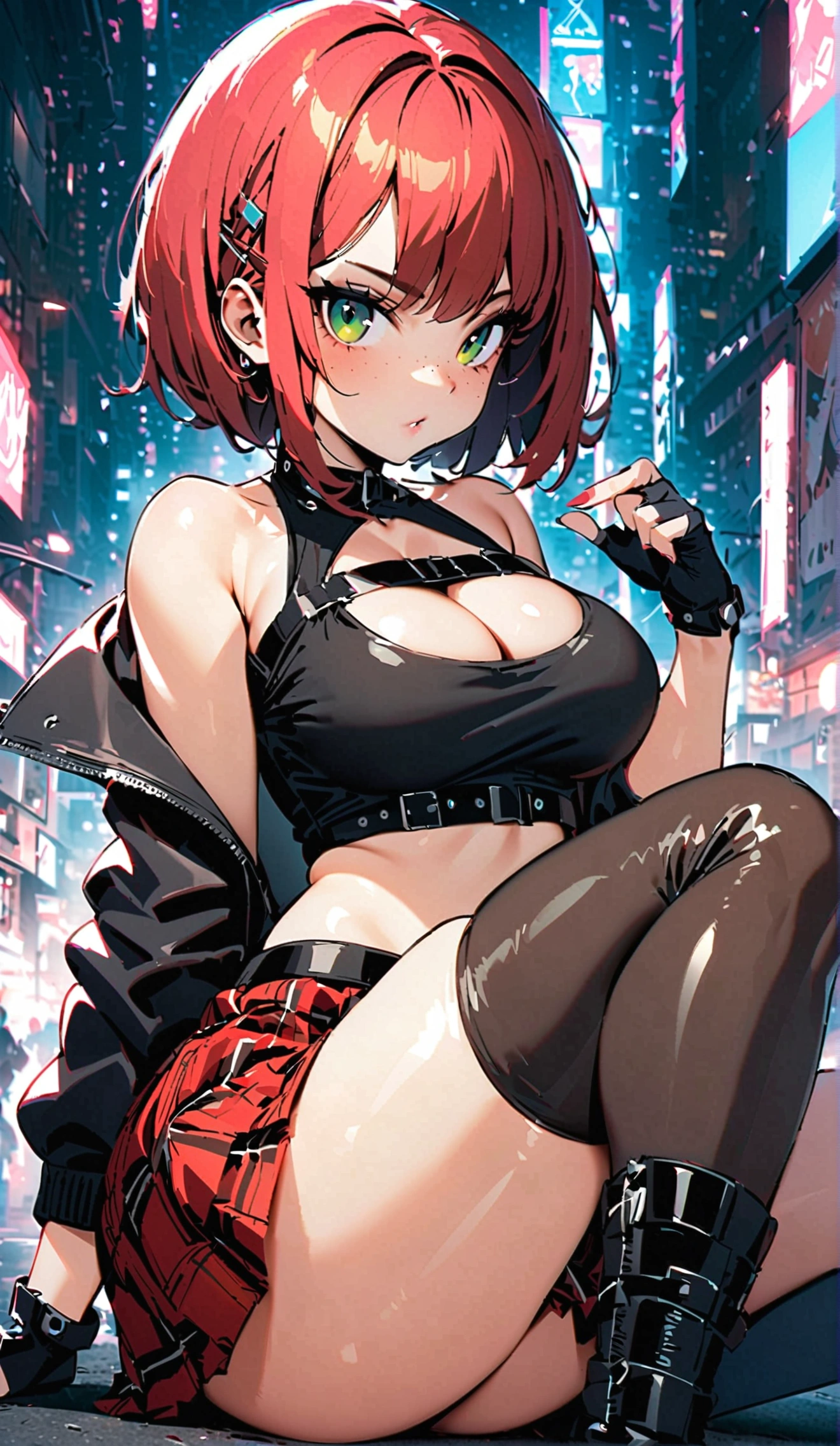 woman, red pixie cut hair, green eyes, wearing crop top black shirt, long black jacket, red plaid skirt, (black knee high boots), black fingerless gloves, exposed shoulders, large breasts, thick thighs, freckles, cleavage, looking at viewer, Holo-Punk Style, in the city