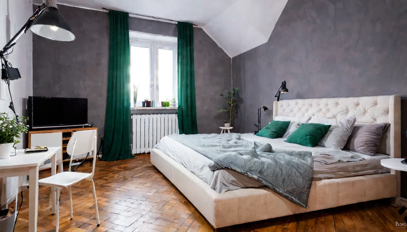 small studio, television, bed, sofa, cozy, tense atmosphere, no people in the place