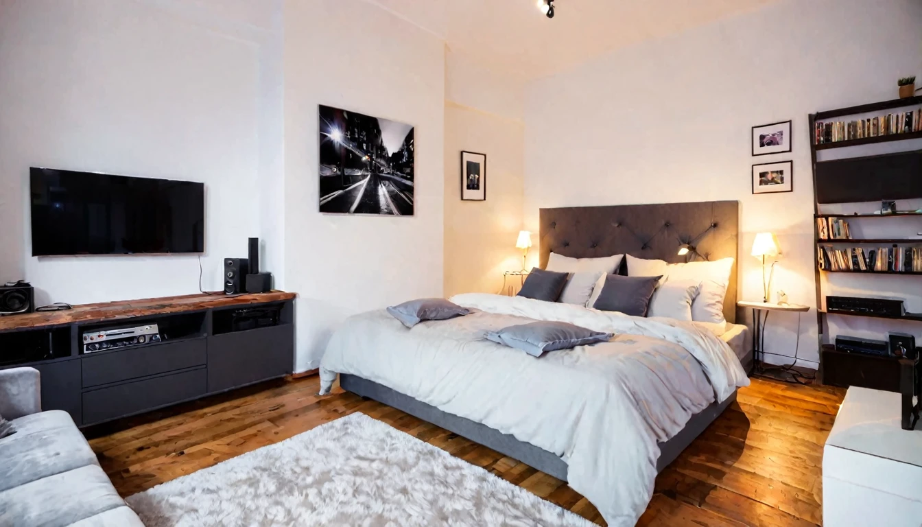 small studio, television, bed, sofa, cozy, tense atmosphere, no people in the place