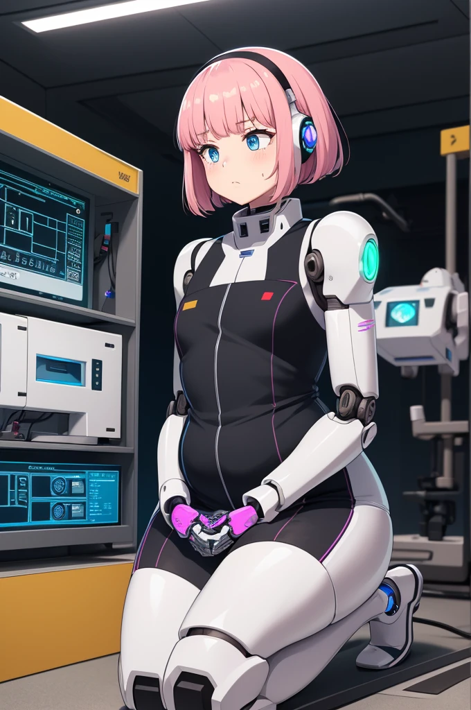 masterpiece, best quality, extremely detailed, Japaese Cyborg Girl,Plump , White boots,control panels,android,Droid,Mechanical Hand, ,clothes with a sense of mechanical technology, Robot arms and legs, Black Robot Parts,Black hair,Mechanical body,dress shirt,long vest,Blunt bangs,White abdomen,White robotics parts,perfect robot woman,future laboratory,cyber pank,charging spot,laboratory,long tube,thick cable connected her neck,kneel on the floor,bowing,ceramic body ,mechanical body,blue eyes,android,robot humanoid