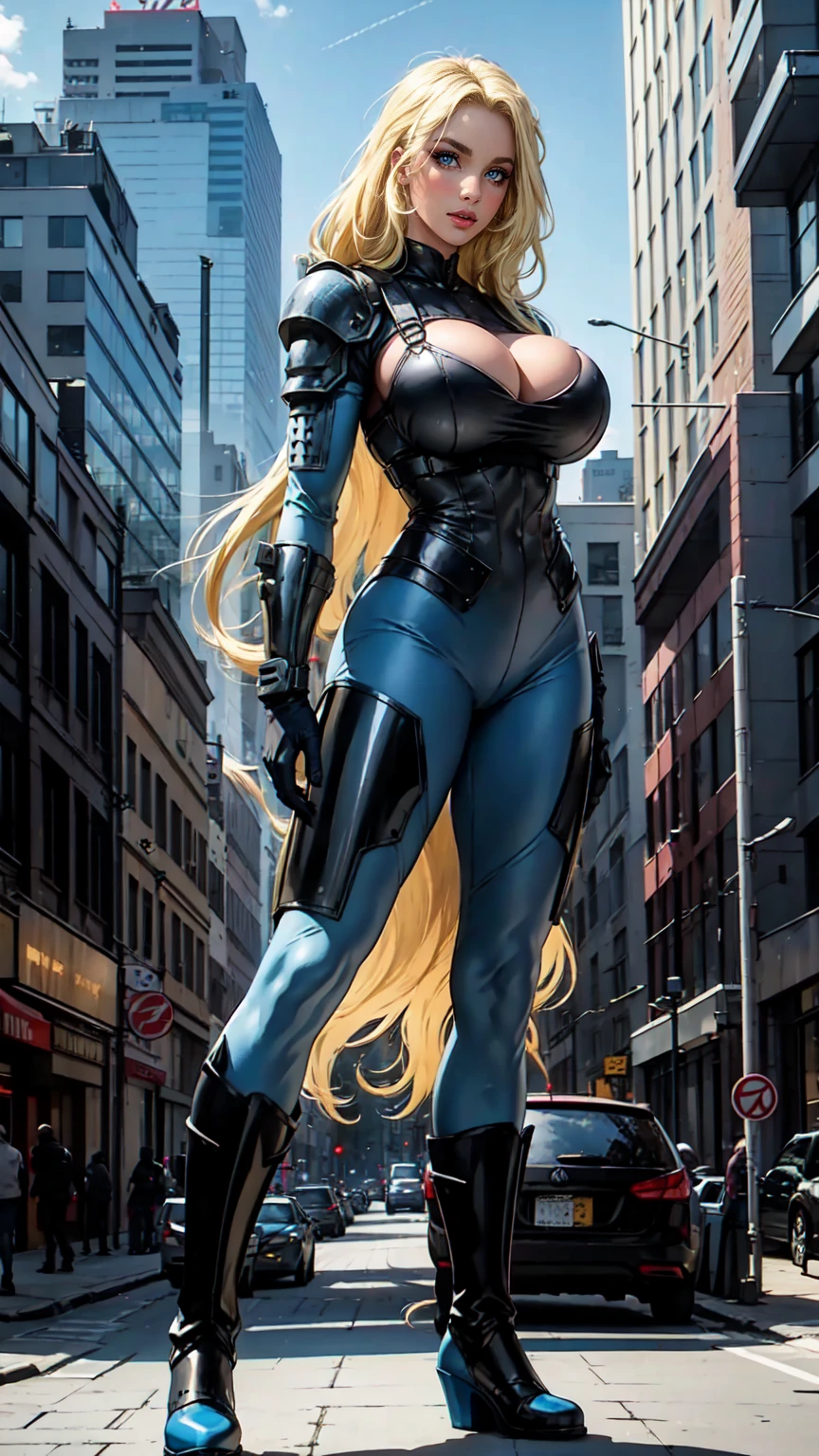 women, Blonde Long blond hair, Blue ,eyes, BLue body armor, gray Overall, big breast,  blue leahter pants, black Long boots, standing in the City