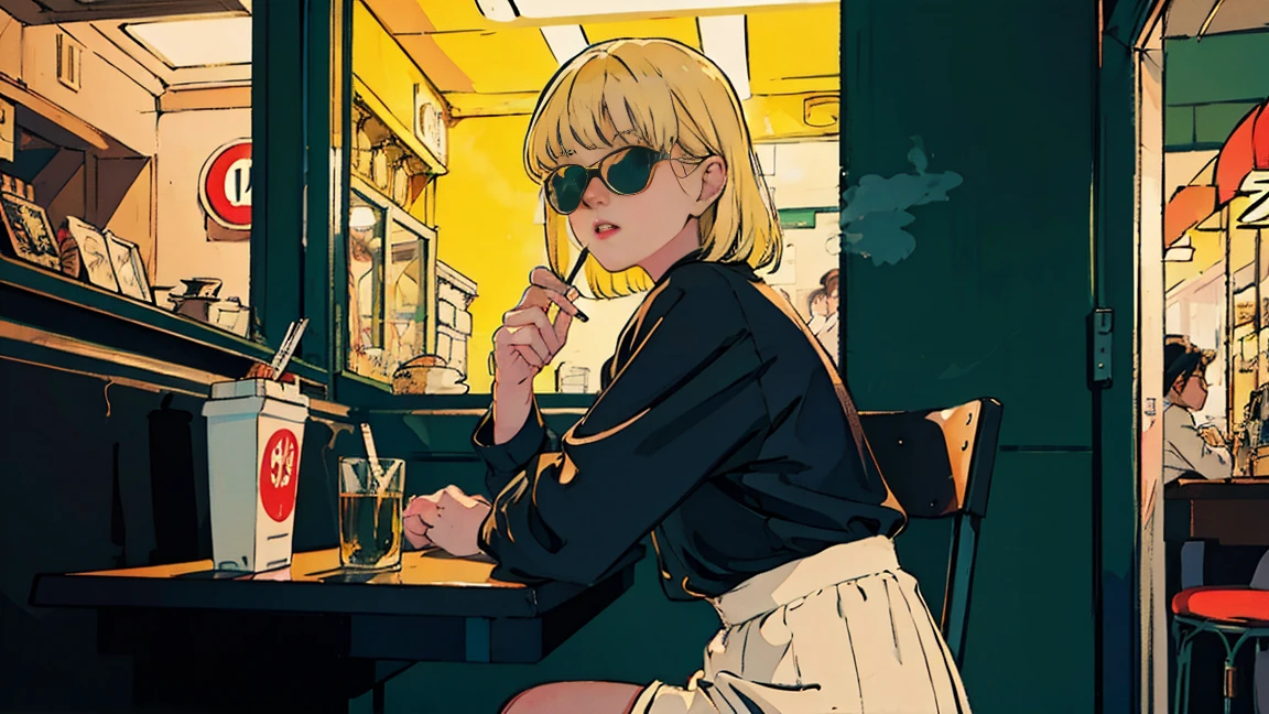 Beautiful blonde Asian girl sitting in a diner at night, visible from the window, perfect face, sunglasses, Smoking white Taylormade cigarettes, neon black, (with backlight: 1.1), hard shadow, masterpiece, highest quality, Complex, model shooting style, vintage, film grain, incomplete details