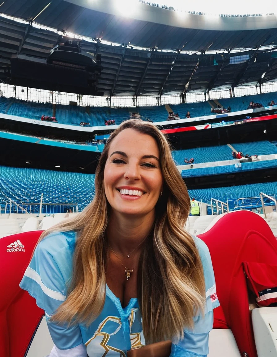 generates photos of the same woman in a football stadium