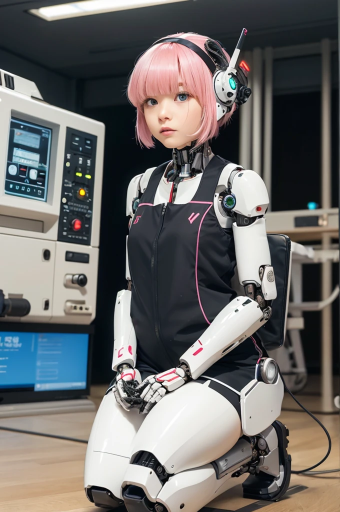 masterpiece, best quality, extremely detailed, Japaese Cyborg Girl,Plump , White boots,control panels,android,Droid,Mechanical Hand, ,clothes with a sense of mechanical technology, Robot arms and legs, Black Robot Parts,Black hair,Mechanical body,dress shirt,long vest,Blunt bangs,White abdomen,White robotics parts,perfect robot woman,future laboratory,cyber pank,charging spot,laboratory,long tube,thick cable connected her neck,kneel on the floor,bowing,ceramic body ,mechanical body,blue eyes,android,robot humanoid
