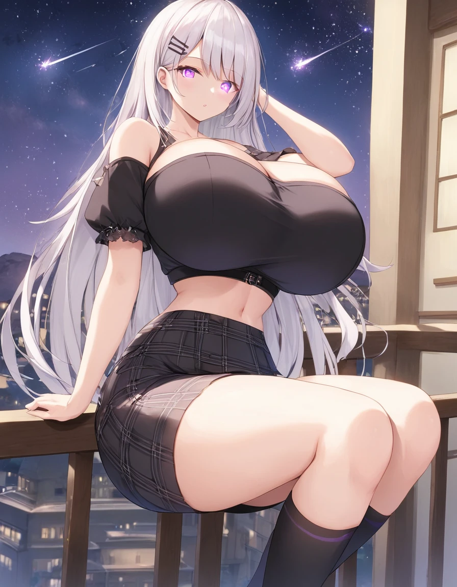 (huge breasts:1.3) (masterpiece) (high quality) (best quality) (1girl), (solo), narrow waist, (looking at viewer), balcony, night, white hair, purple eyes, glowing eyes, black knee highs, black crop top with short sleeves, bare shoulders, bare neck, black plaid skirt, shooting stars, hair clip