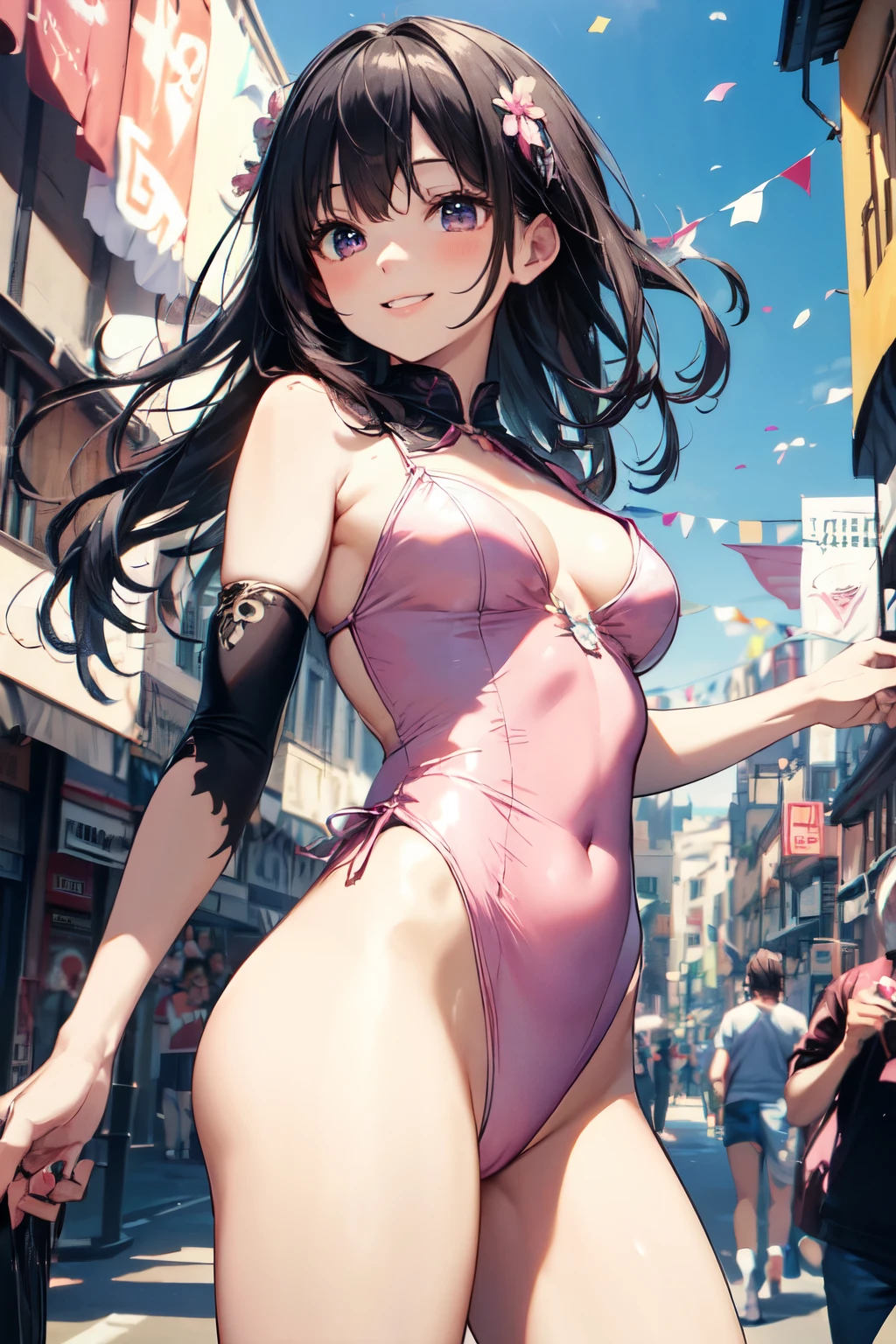 very cute and beautiful girl,(highly detailed beautiful face and eyes),(pink leotard:1.2),(sleeveless),(smile:1.2),happy,
festival in town street,(parade:1.2),(many people wearing pastel costume),flags,confetti in sky,outdoors,depth of field,
cowboy shot,standing,dynamic pose,black hair,hair band,
(best quality,masterpiece),absurdres,highres,ultra-detailed,extremely detailed,32k,8k resolution,
intricate details,cinematic scene,detailed background,solo,dynamic angle,hair fluttering in the wind,(realistic),