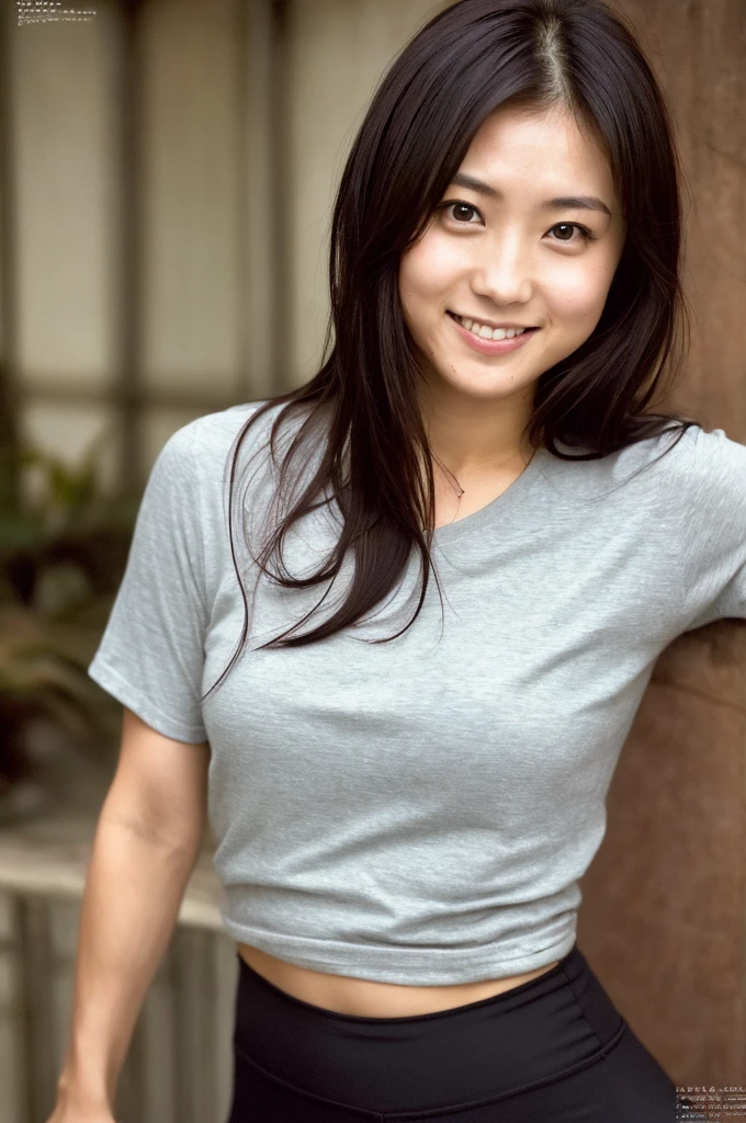 (((One girl,alone))),(Highly realistic photos, High resolution, Detailed face, Beautiful Eyes) Japanese women, 21 years old, Cute face, alone:1, Nice body, Medium chest, ,Hairstyle, Take a photo book,Blade Runner,Leggings、Healthy Body,smile,Thighine Fujiko