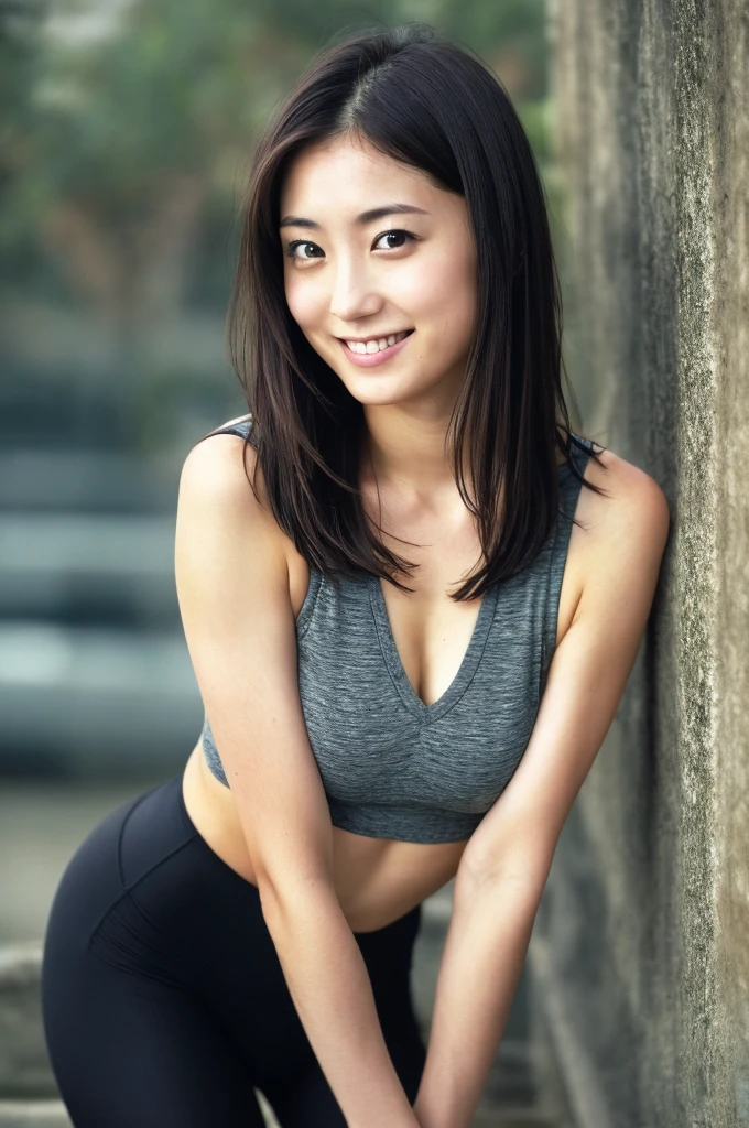 (((One girl,alone))),(Highly realistic photos, High resolution, Detailed face, Beautiful Eyes) Japanese women, 21 years old, Cute face, alone:1, Nice body, Medium chest, ,Hairstyle, Take a photo book,Blade Runner,Leggings、Healthy Body,smile,Thighine Fujiko