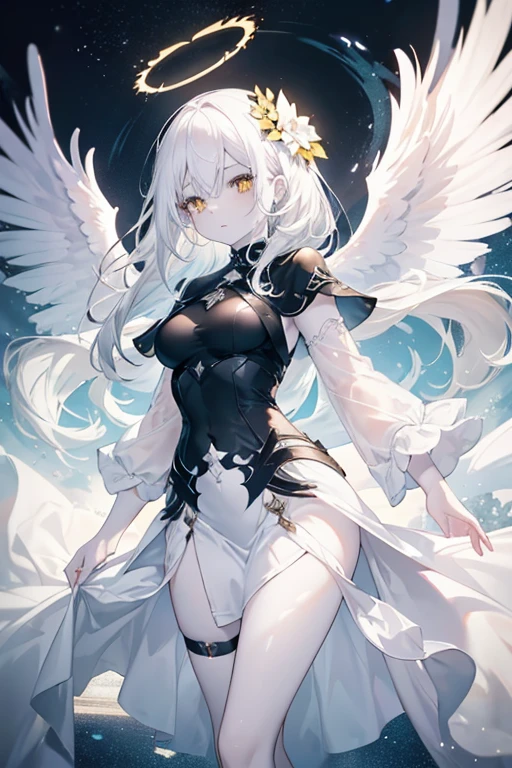 1 girl, medium breasts, ((white skin)), pale skin, white hair, medium hair, halo, angel wings, ((tight black dress)), full body dress, yellow eyes, only face