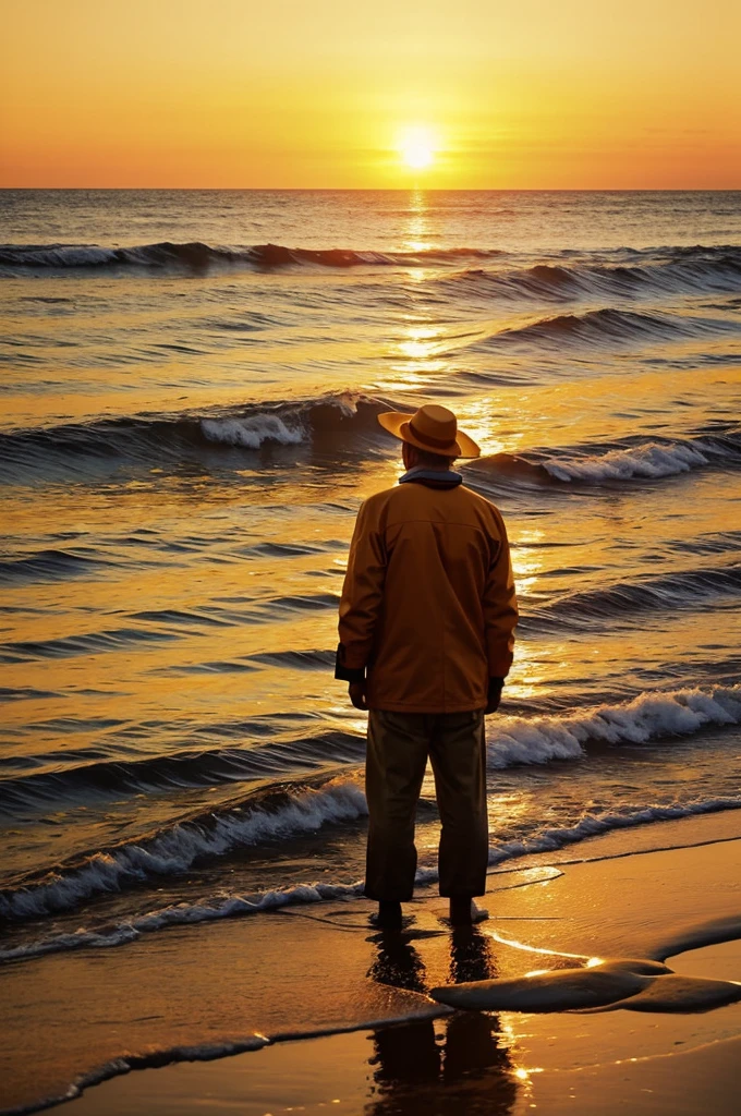 An older man in fisherman&#39;s clothing with his back turned, standing in a boat, with a fishing net in his hands. Your expression should reflect your honesty and hard work.
bottom: Calm sea at dawn/sunset, with the sun on the horizon. Gaviotas en el cielo y reflejos Golden en el agua.
colors: Predominantly warm tones (Golden, oranges) and earthy.
typography: Classic and readable, that complements the nostalgic tone of the image.

