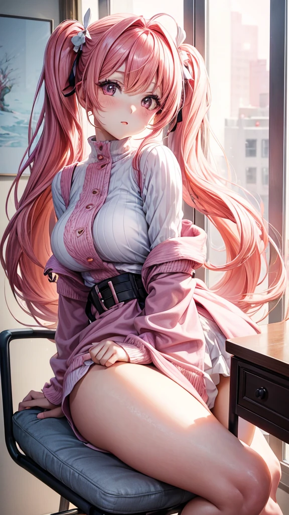 a beautiful woman with long pink hair in twintails, looking directly at the viewer, wearing a light pink outfit, leaning forward, with colorful thighs, vivid winter colors, beautiful breasts and a lovely bottom, holding random professional objects on a chair