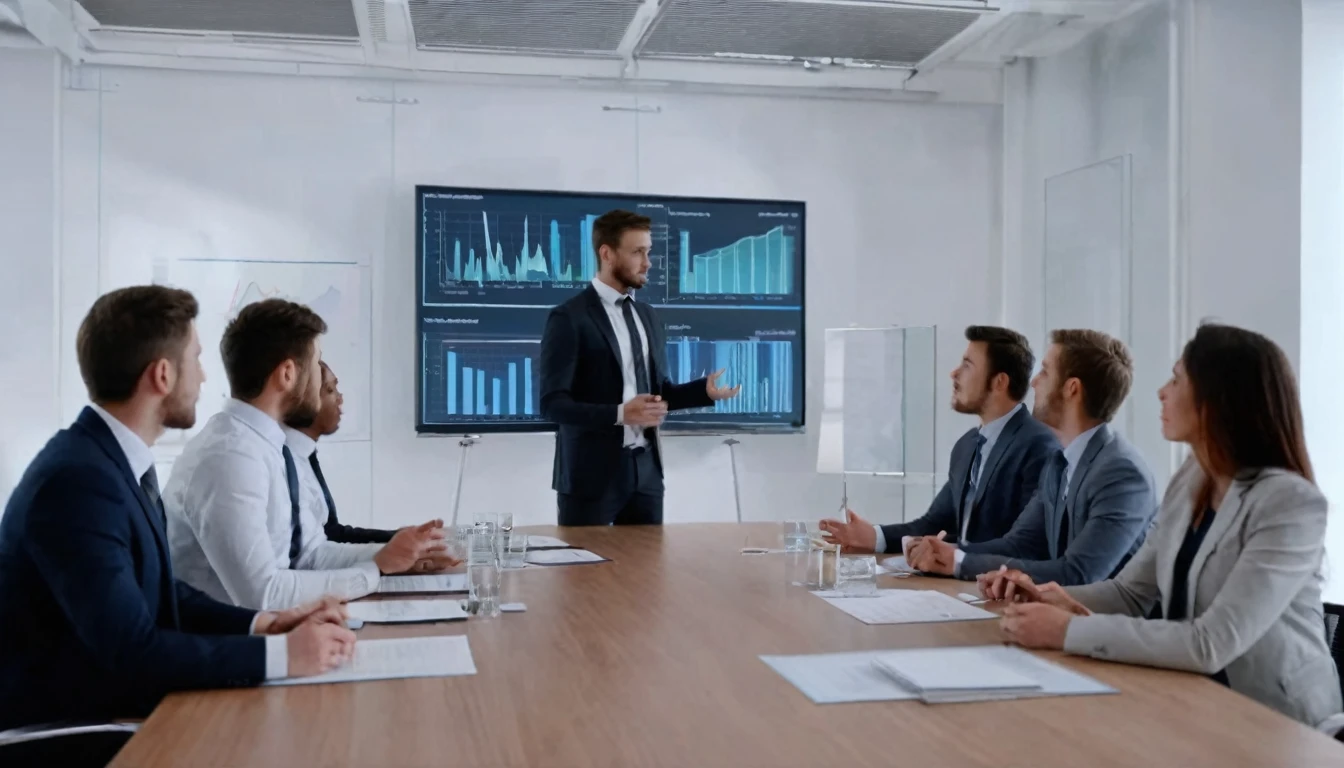 (Very Realistic):1.5, Company employees in a meeting room discussing, perfect anatomy, hidden hands, Graphs on a screen, 8k, HD