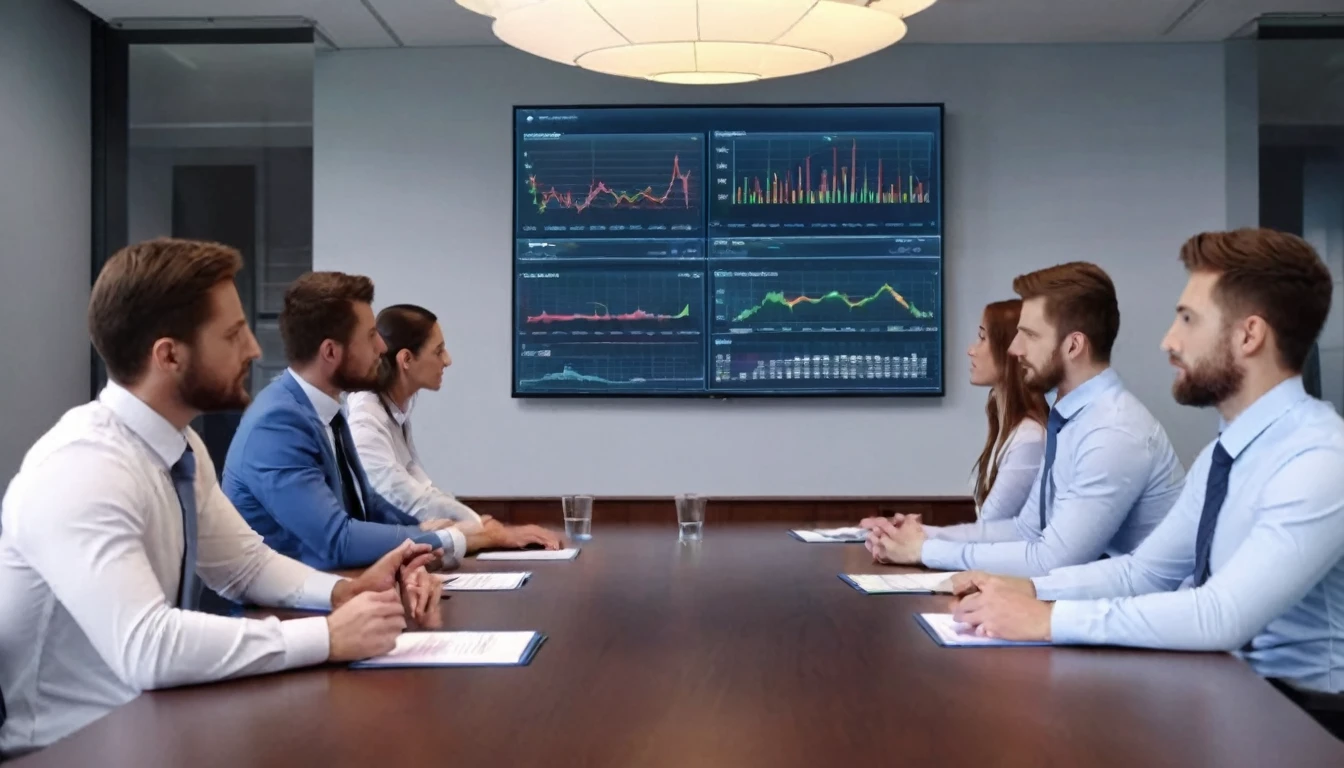 (Very Realistic):1.5, Company employees in a meeting room discussing, perfect anatomy, hidden hands, Graphs on a screen, 8k, HD