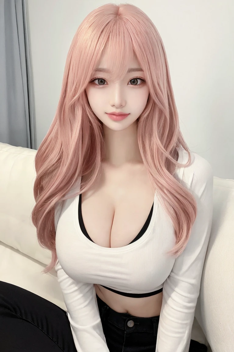 Selfie:1.5、Cleavage:1.5、Full body image:1.2,Pink Hair、masterpiece、Highest quality、Extremely detailed 8K、Ultra HD、Very detailedな、Very detailed、Very realistic、Photo Real、Japanese、One Girl、High head rate、Beautiful realistic face、Realistic face in every detail、High detail, Realistic Hair、Beautiful and realistic hairstyles、Beautiful and realistic eyes、hVery detailed realistic eyes、Proportional eyes、HVery detailed pupils、Very detailedリアルな自然な眉毛、Very detailedリアルな唇、 Beautiful and realistic lips、Pink lipstick、Sexy lips、Realistic and well-proportioned breasts、Realistic medium sized breasts、Slim Abs、Very detailed皮膚、、(belly button、Tight white t-shirt:1.2)、(Black skinny pants:1.2)、Sitting on a fluffy sofa、Condescending smile、From above、A cute room for female college students