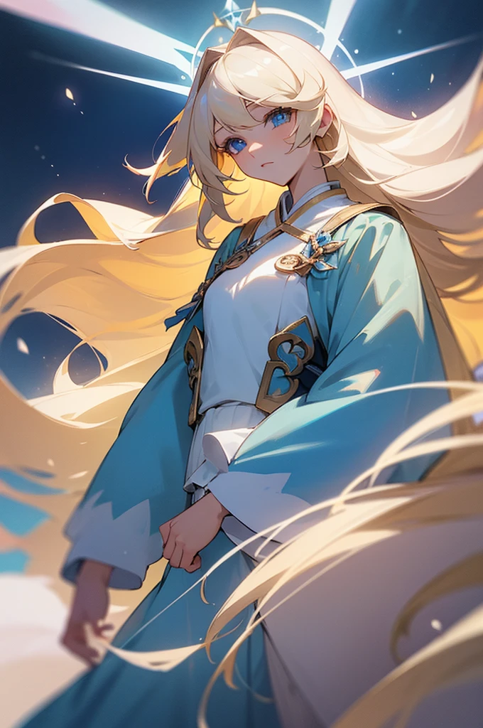 ((best quality)), ((masterpiece)), (detailed), female, soft, light complexion, regal, striking blue eyes, bleach blonde hair, long hair, celestial deity, beautiful flowy outfit, grown, not young