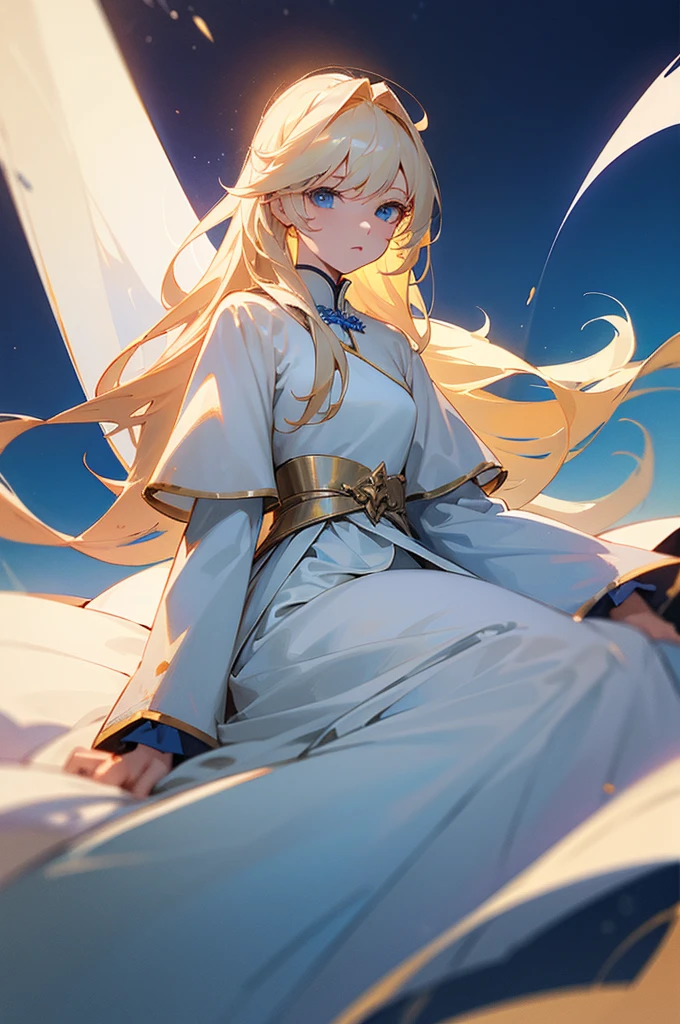 ((best quality)), ((masterpiece)), (detailed), female, soft, light complexion, regal, striking blue eyes, bleach blonde hair, long hair, celestial deity, beautiful flowy outfit, grown, not young