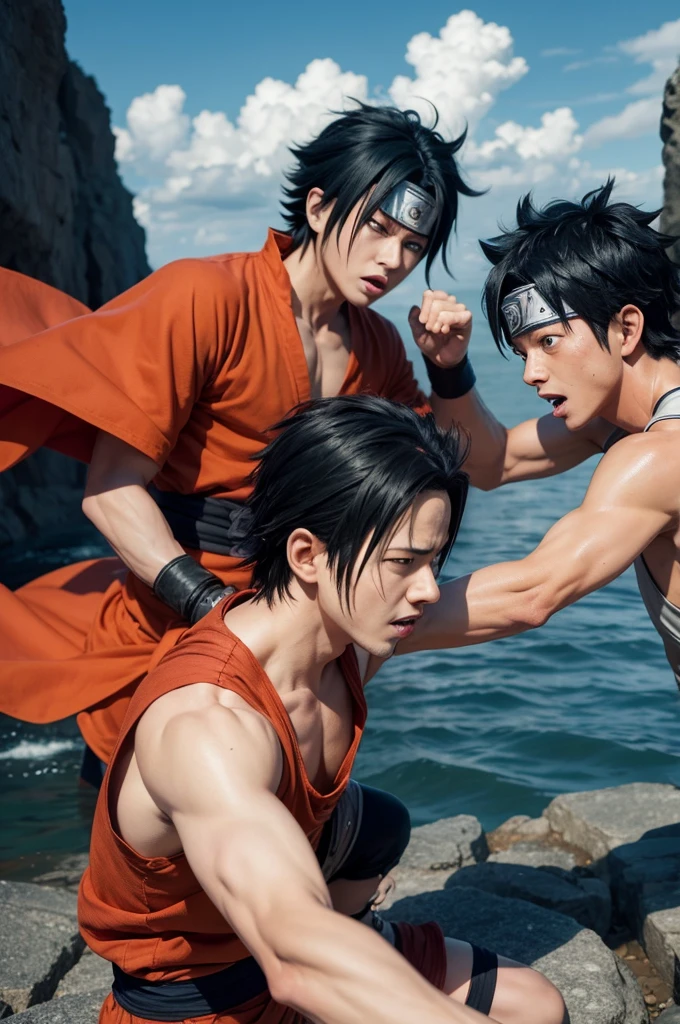 Sasuke and Naruto fighting Luffy's entire crew