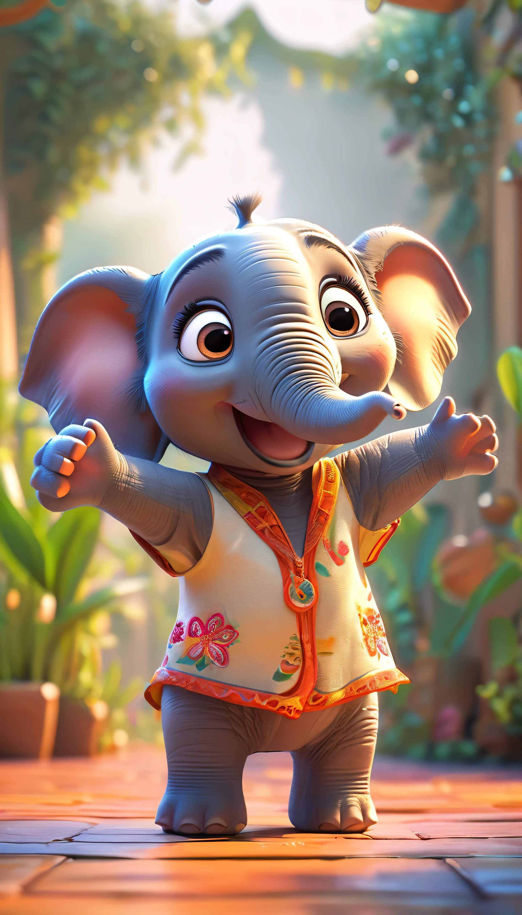 cute elephant, cartoon , arms, hands ,cute eyes, looking at viewer, arms up, clothes