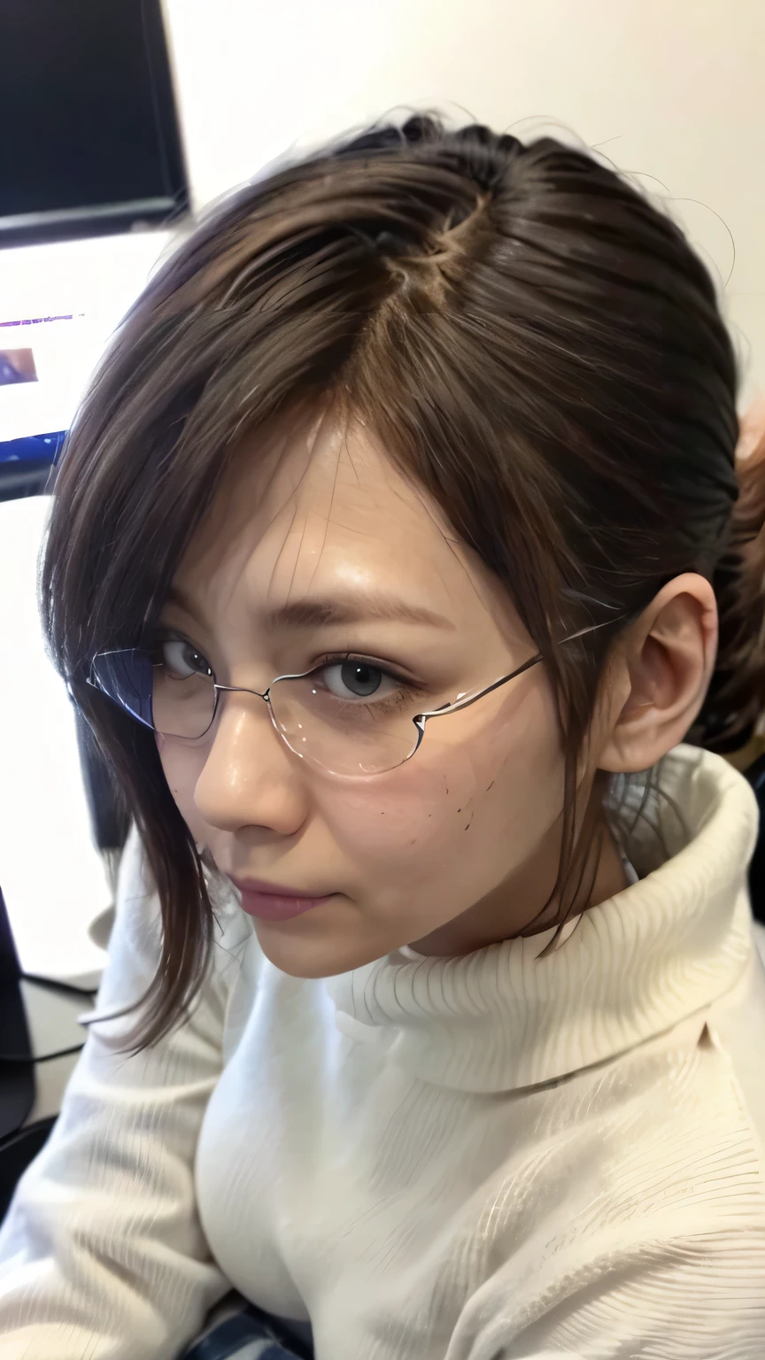 (Japanese girl concentrating on her work、Staring at the monitor、Working on a computer、Japan Office)、(Realistic、Like a photograph、Live Action、8K, Realistic, RAW Photos, Best image quality: 1.4), Single-lens reflex camera、RAW Photos, Highest quality, Realistic, Very detailed CG Unity 8k wallpaper, Written boundary depth, Cinematic Light, Lens flare, Ray Tracing, Realistic background、(Wear glasses、tight turtleneck long sleeve knit:1.4、(Long skirt:1.5)、Big Breasts)、((ultra high density skin))、 Cute Japanese Woman、((whole body:1.5),short hair:1.2、Short Ponytail、tie your hair with a hair clip、I like that style、stylish、Very detailed、Pay attention to the details、Perfect outfit、(Sunburned skin)、View from above、View from the seat a little far away