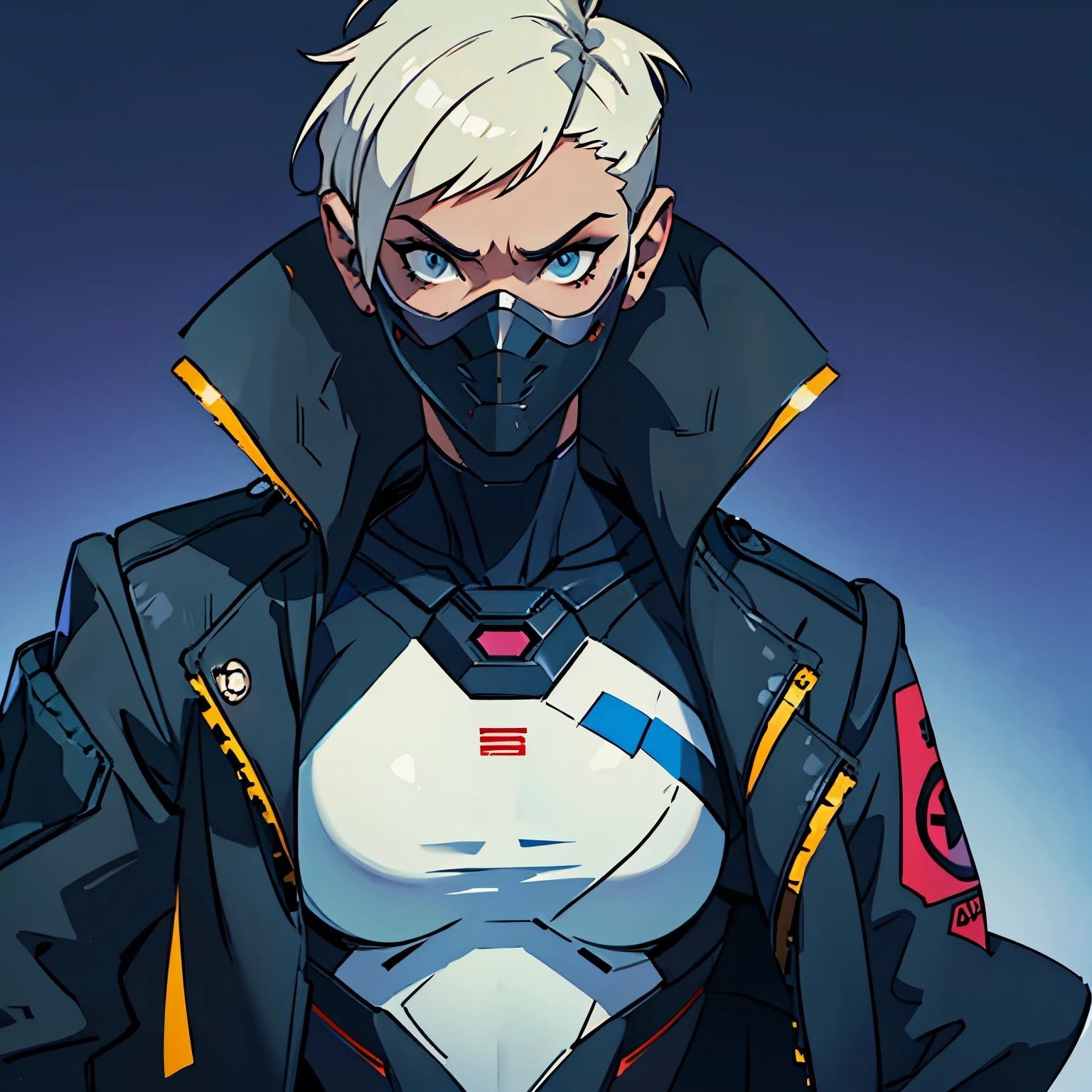 Criminal, woman, short hair, slim, jacket, futuristic protection mask, (evil) (simple background), plano medio